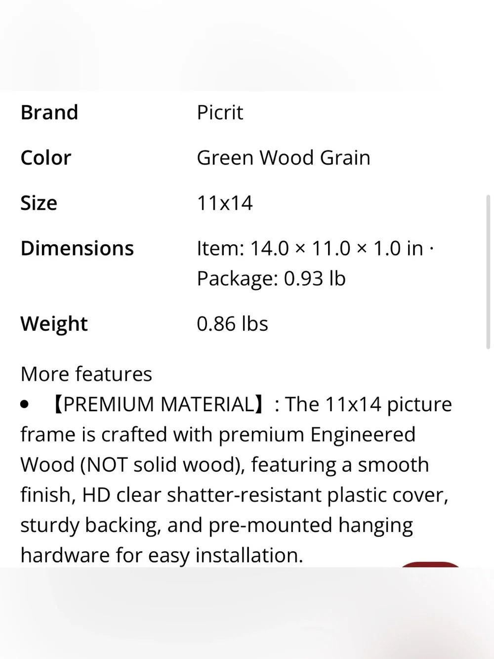 Green Picture Frame - Wood Grain HD Clear Shatter-Resistant Plastic Cover 11x14”